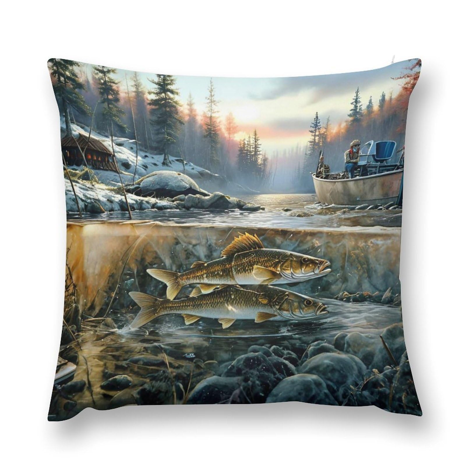 moderw Retro Fishing Cabin Throw Pillow Cover Rustic Cottage Lake River Couch Pillowcases Forest Landscape Cushion Case Decoration for Home Sofa Bed Farmhouse 18x18inch