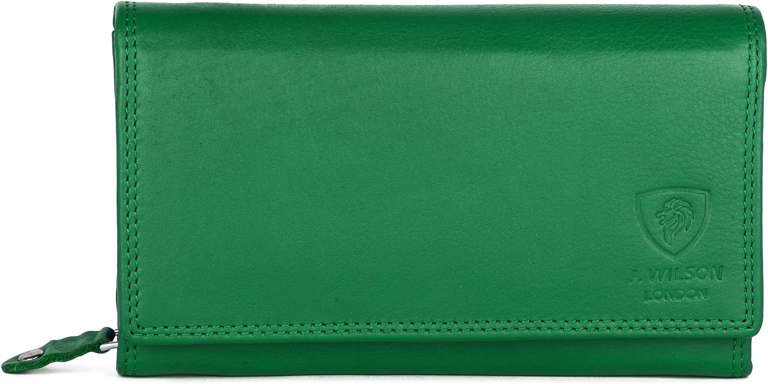 J. Wilson LondonLadies RFID Protection Real Leather Purse Card Women Wallet Zip Coin Pocket, Bottle Green, M