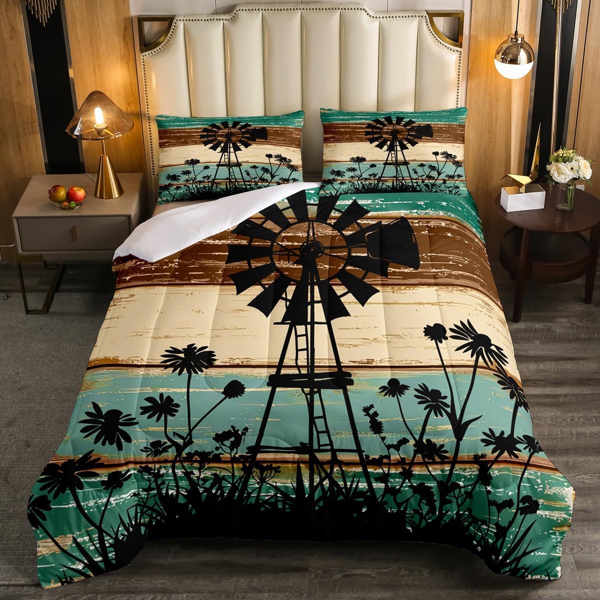 Erosebridal Garden Windmill Comforter Set Windmill Decor Farmhouse Bedding Set King,Lodge Cabin Wooden Plank Quilt Cottage Barn Door Wood Board Retro Country Farm House Pinwheel Winnower Room Decor