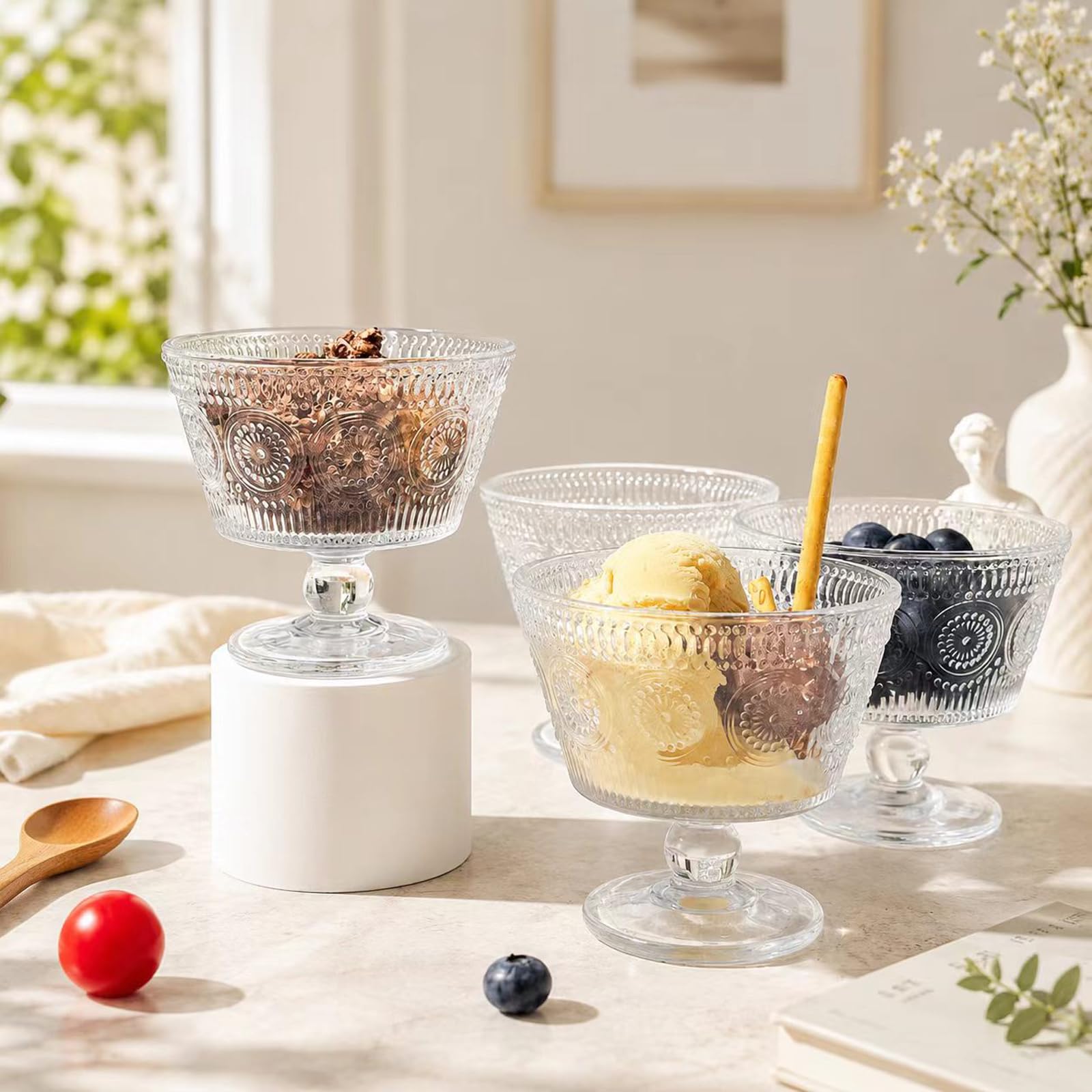 Set di 4 ciotole da dessert per crema ghiacciata, 170 g, in vetro con base pesante, tazze vintage per snack e bevande (4 pezzi)