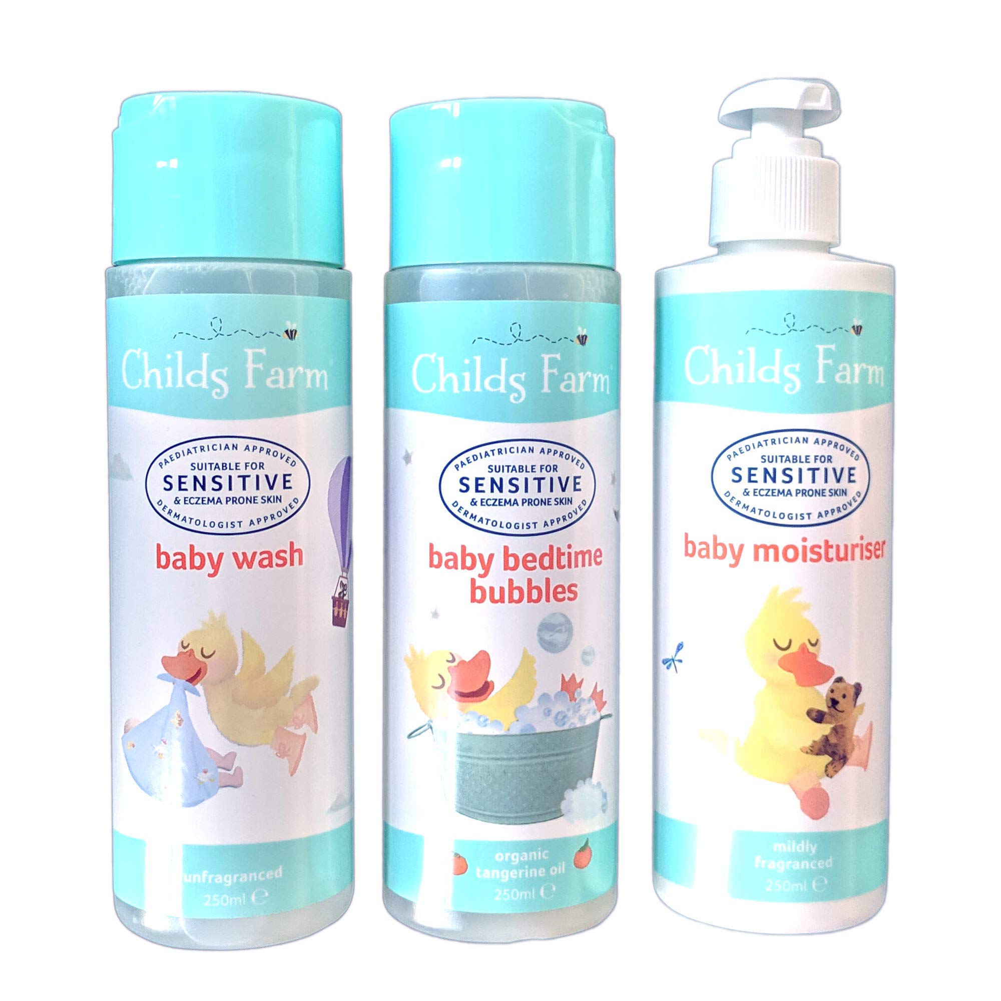 Childs Farm Feuchtigkeitsspendende Babyhaut, Seifenblasen, Feuchtigkeitspflege, Duschgel, parfümierte empfindliche Haut, zu Ekzemen neigende Haut, Bio-Produkte, 3er-Pack, Schlafroutine für Neugeborene