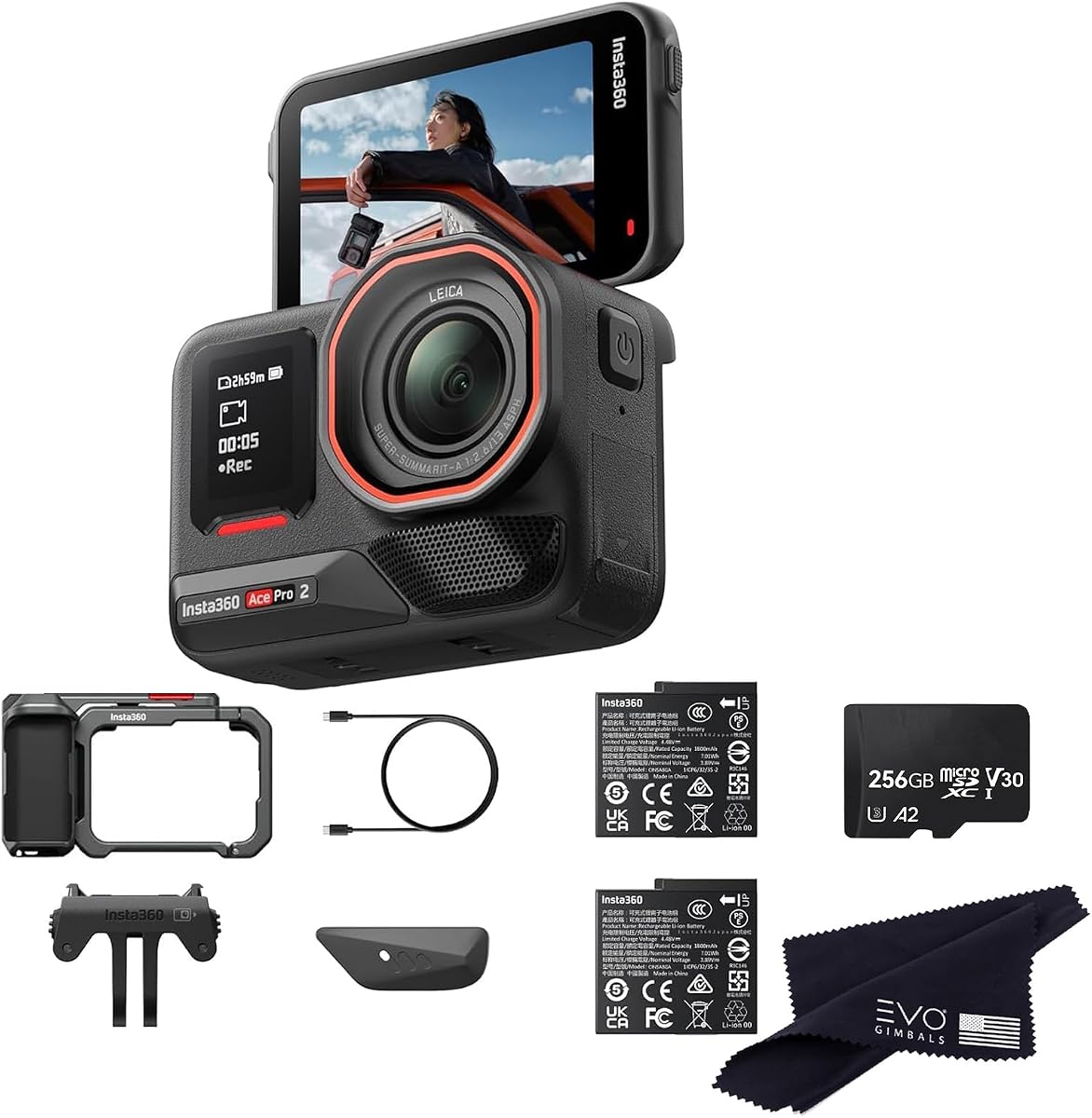 Insta360 Ace Pro 2 Dual Battery Xplorer Bundle with 256GB Card- 8K Waterproof Action Camera Co-Engineered with Leica, Flagship 1/1.3" Sensor, 8K30fps, 4K60fps, 2.5" Flip Screen, AI Noise Reduction