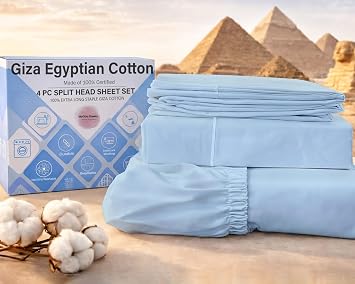 MyGiza Sheets 4 Pcs Top Split King Sheet Sets for Adjustable Bed, 100% Giza Cotton Perfect for Sleep Number Beds, King 34" Down Flex Head, Fits 16" Deep Mattress, Light Blue Solid