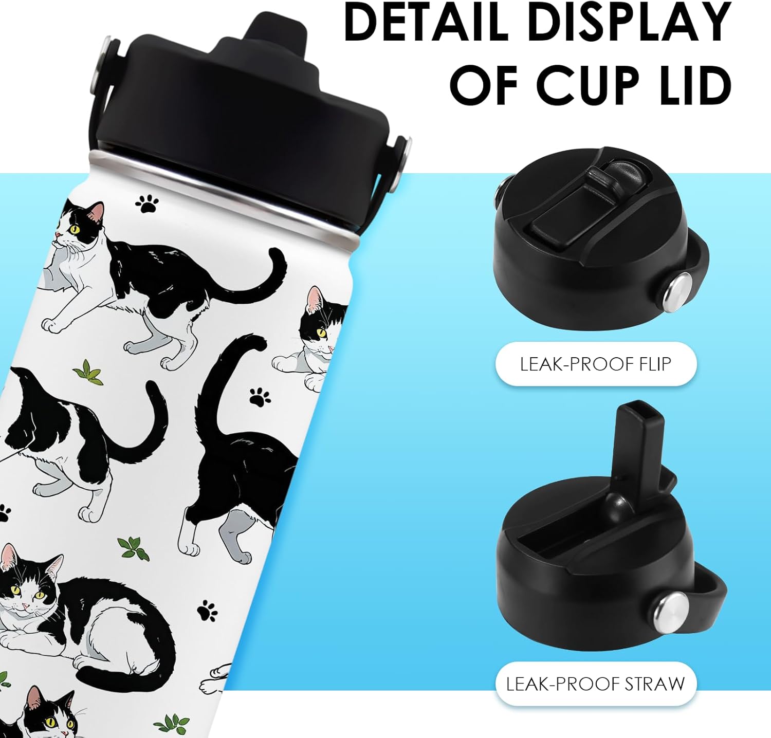 Cat Gifts for Kids - 16oz Black Cat Water Bottle with Straw Lid, Stainless Steel Insulated Bottle, Leak Proof, BPA-Free, for Boys, Girls, School - Black and White Cat Gifts Cats Lovers Gift Cup(1pc) - Image 4