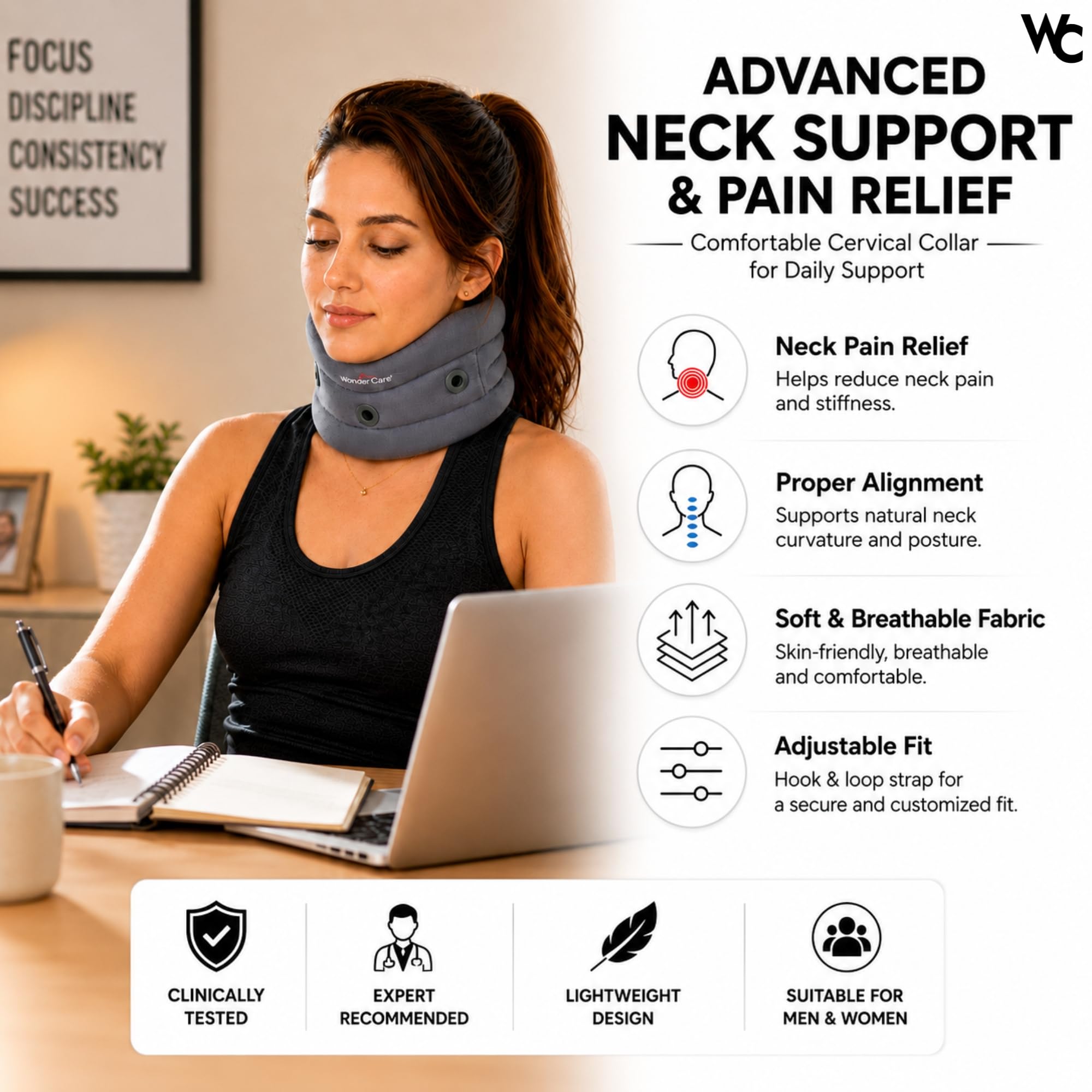 Wonder Care WC- Support de col souple Support de cou réglable Support de cou doux Support pour douleurs au cou et soutien pour hommes et femmes_C101l_grey