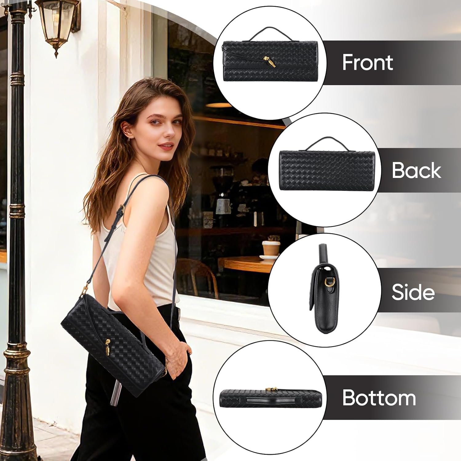 Pu Leather Evening Bag For Women,Woven Black Clutch Purse, Wedding Woven Purse Bag 11.8" x 1.7" x 4.9" - Image 4