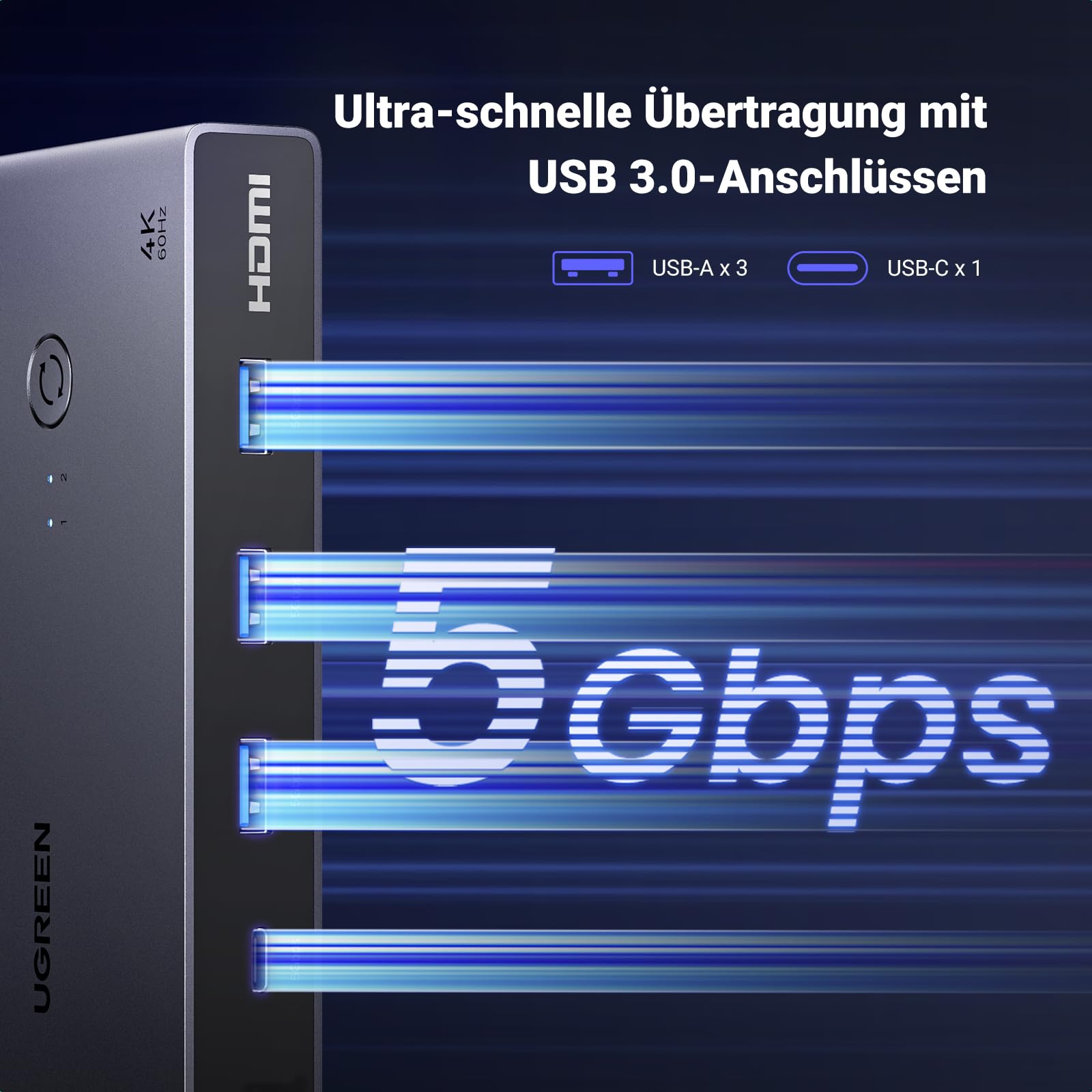 UGREEN USB-C KVM Switch 2 PC 2 Monitore 4K@60Hz, USB C Switch 2 Inputs 2 Outputs mit 4 USB 3.0 Ports, 2 Laptops teilen sich zwei Monitore Tastatur, Maus, Festplatte, Drucker mit PD100W Netzteil