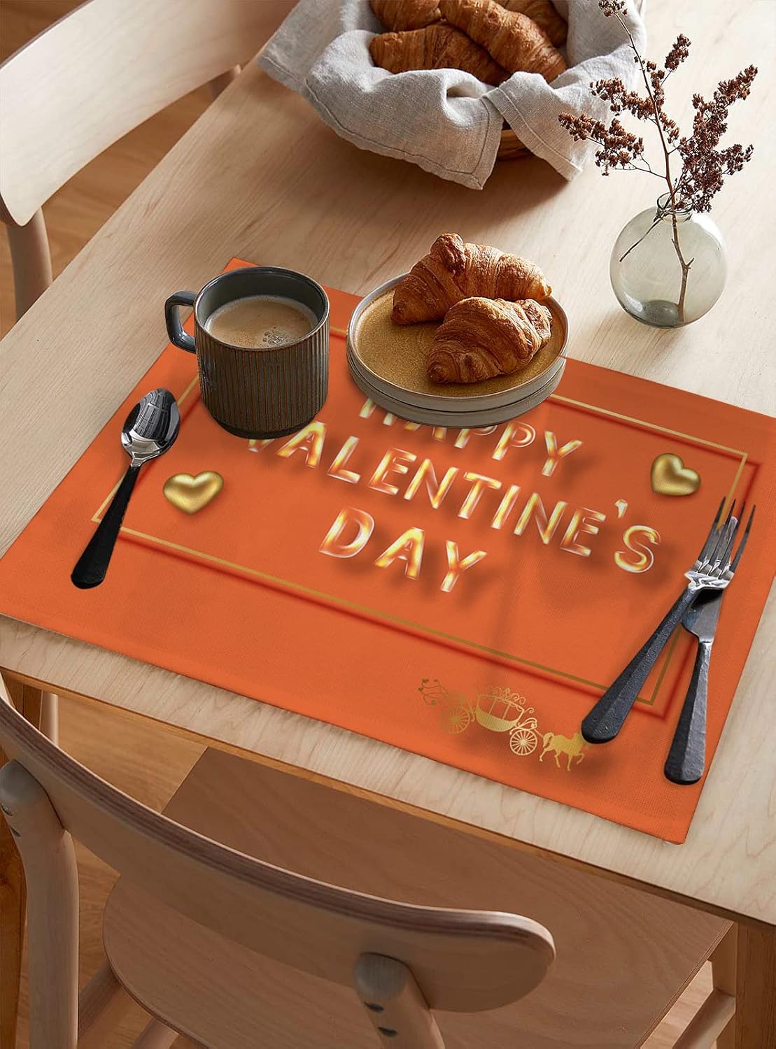 Happy Valentine's Day Placemats for Dining Table Set of 6, Cotton Linen Cloth for Square/Rectangle/Round Table Mat Placemat, Saint Orange Gold Love Holiday Kitchen Dinner Holiday Décor