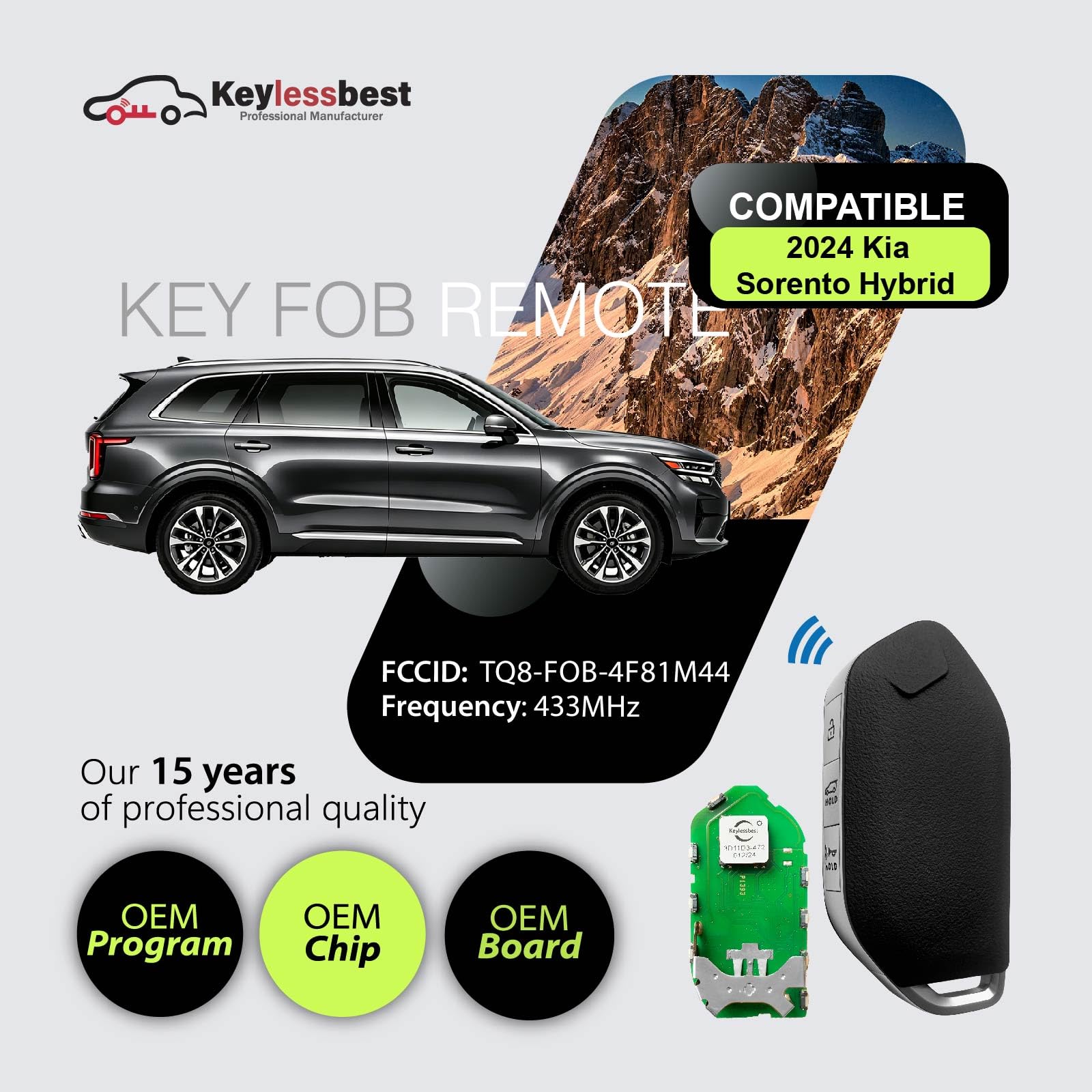 Ricambio per telecomando Kia Sorento Hybrid 2024 TQ8-FOB-4F81M44 7 pulsanti 433 MHz, nero