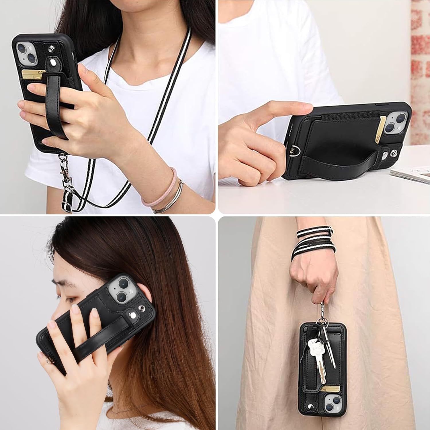 TOOVREN Wallet Case for iPhone 15 Case with Card Holder Lanyard Leather Phone Cover Fits iPhone 15 Wallet Case with Strap Stand for Women & Men 6.1 Inch Black - Image 6