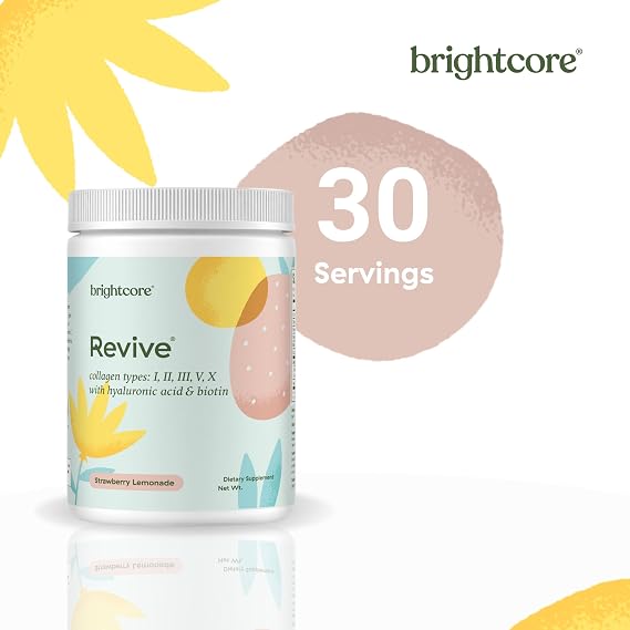 Brightcore Nutrition Revive Multi Collagen Protein Powder with Vitamin C and Hyaluronic Acid, Non-GMO, Gluten-Free Collagen Powder for Women and Men, Strawberry Lemonade Flavor, 30 Servings