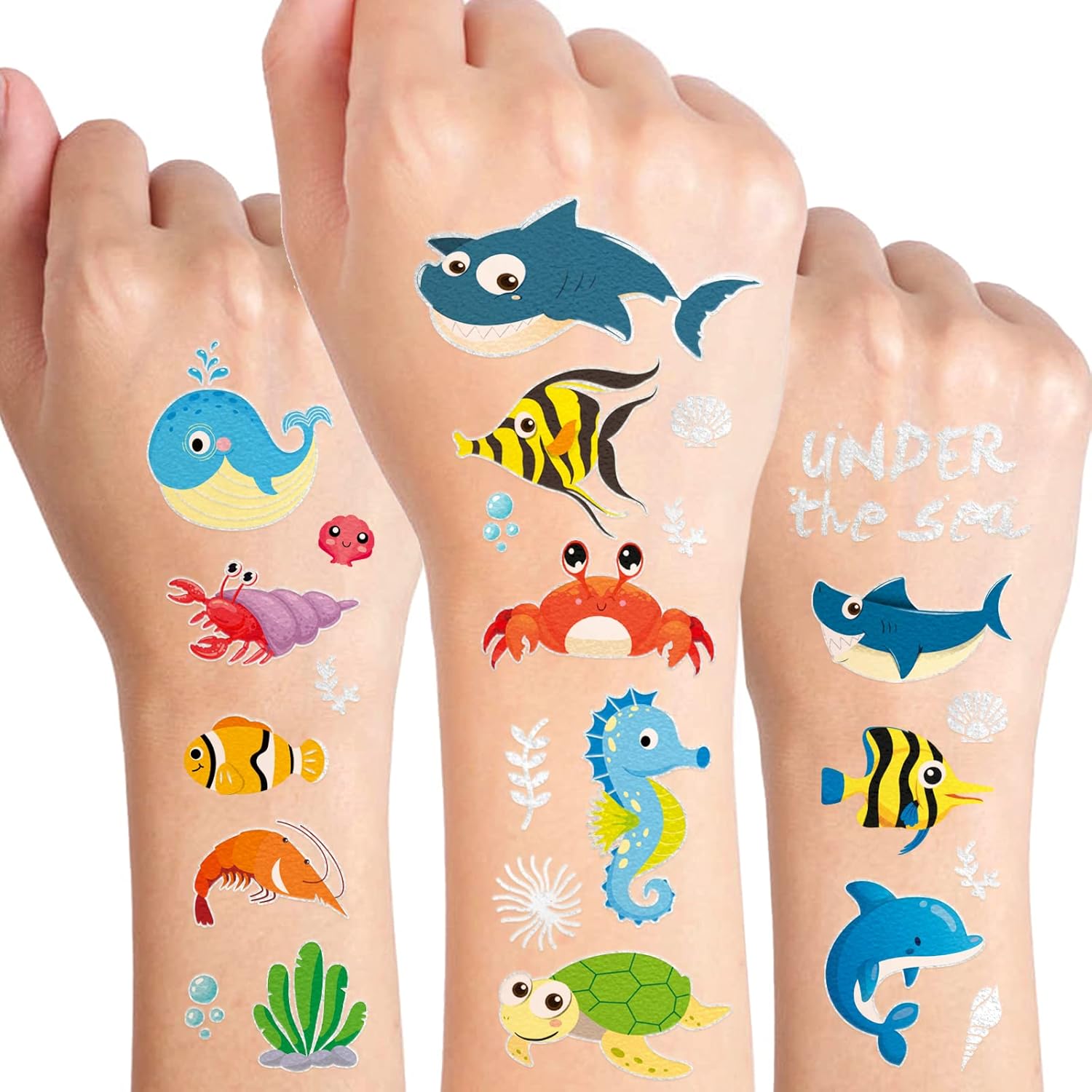 キラキラ 海 海 動物 一時的なタトゥーステッカー 590枚 シルバー 熱帯魚 サメ マーメイド パーティー 記念品 グッズ バッグ