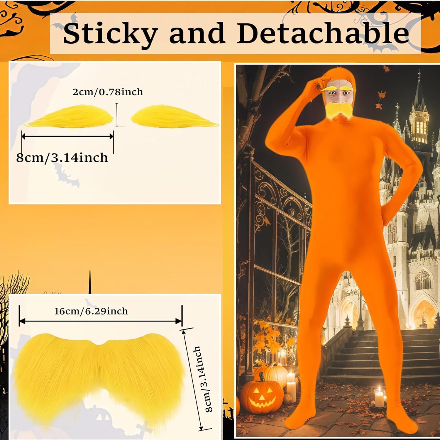 TICIFEN 2 Pcs Orange Jumpsuit Costume Adult Yellow Mustache and Eyebrows Bodysuit for Men Halloween Party Dress up - Image 8