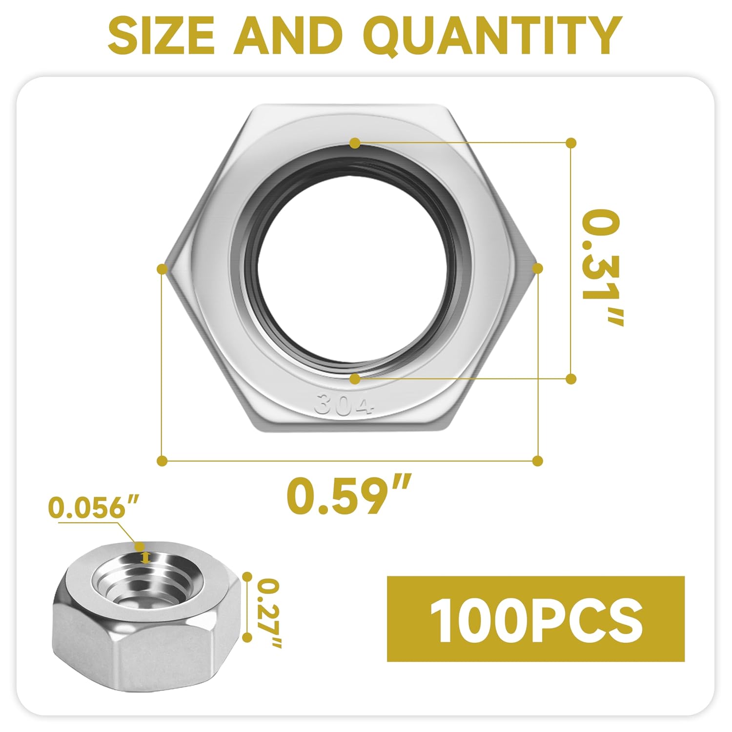 5/16-18 Hex Nuts, 100 Pcs Hardware Nuts, 304 Stainless Steel 18-8 Bright Finish Hex Nuts 5/16 18 Inch, SAE Hex Drive Machine Screw Nuts by Mywish
