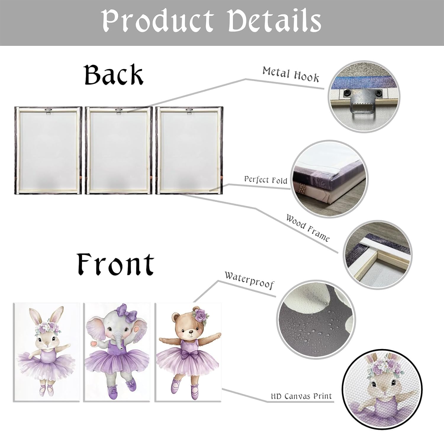 Nursery Canvas Wall Art 3 Piece Bunny Elephant Bear with Purple Skirts Picture Cute Animal in Dance Painting Prints for Kids Room Living Room Wall Decor Framed(Art-1,11.00"x14.00"x3P)