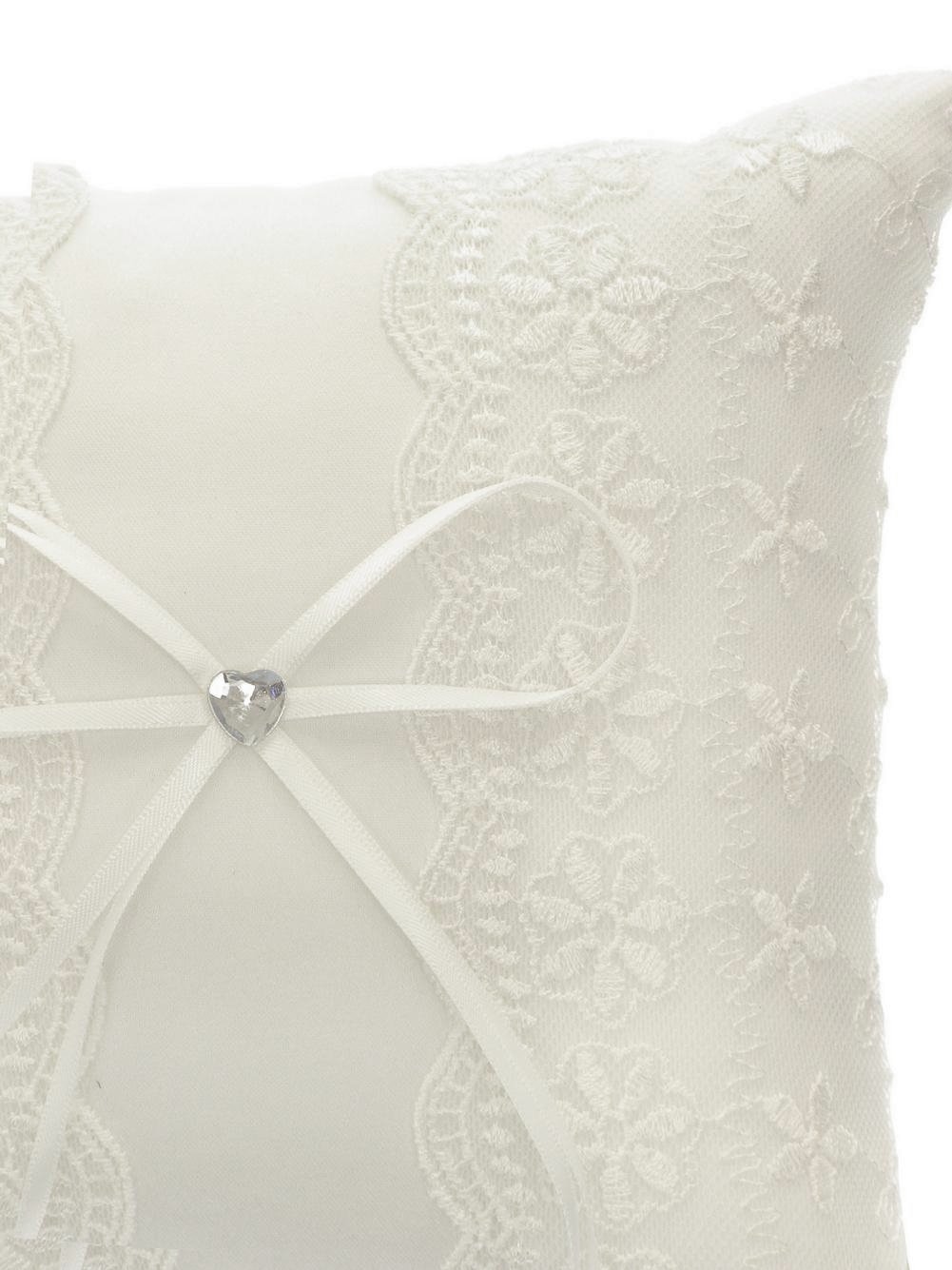 DivaDesigns Double Edge Floral Lace and Heart Shaped Crystal Wedding Ring Pillow Ivory
