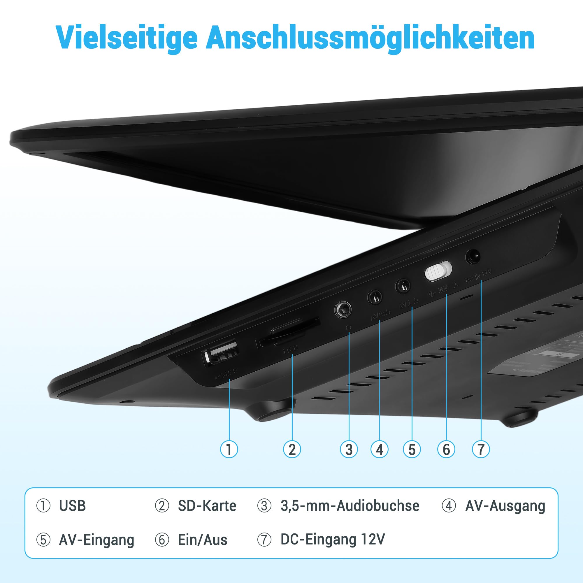 Tragbarer 17,5'' DVD Player mit 15,6'' drehbarem HD-Display – 8 Stunden Akkulaufzeit, Unterstützung für mehrere Formate, SD/USB, TV und mit Speicherfunktion, Stereo-Lautsprecher, Schwarz