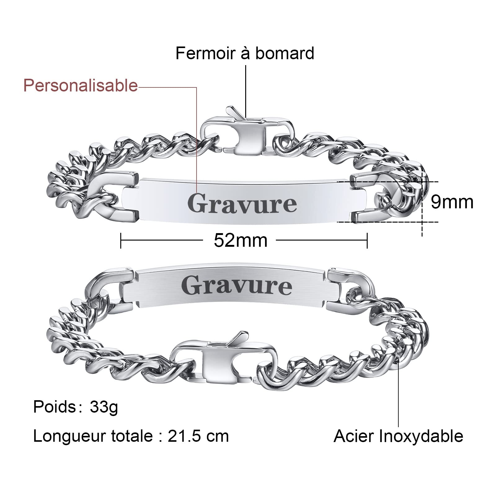 Bracelet Homme Personnalisé Chaîne Gourmette - Classique Bracelet Polissage Acier Inoxydable Bijoux Homme Cadeau Fête des Pères Saint Valentin Anniersaire Noël Gourmette Homme Personnalisable 21cm