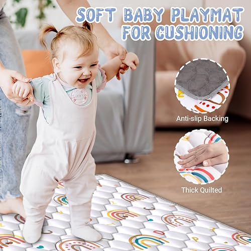 Miniatura 5 de Tapete de juego bohemio para bebé, de 50 x 50 pulgadas, tapete grueso para el suelo del bebé, tapete antideslizante acolchado para gatear, tapete de