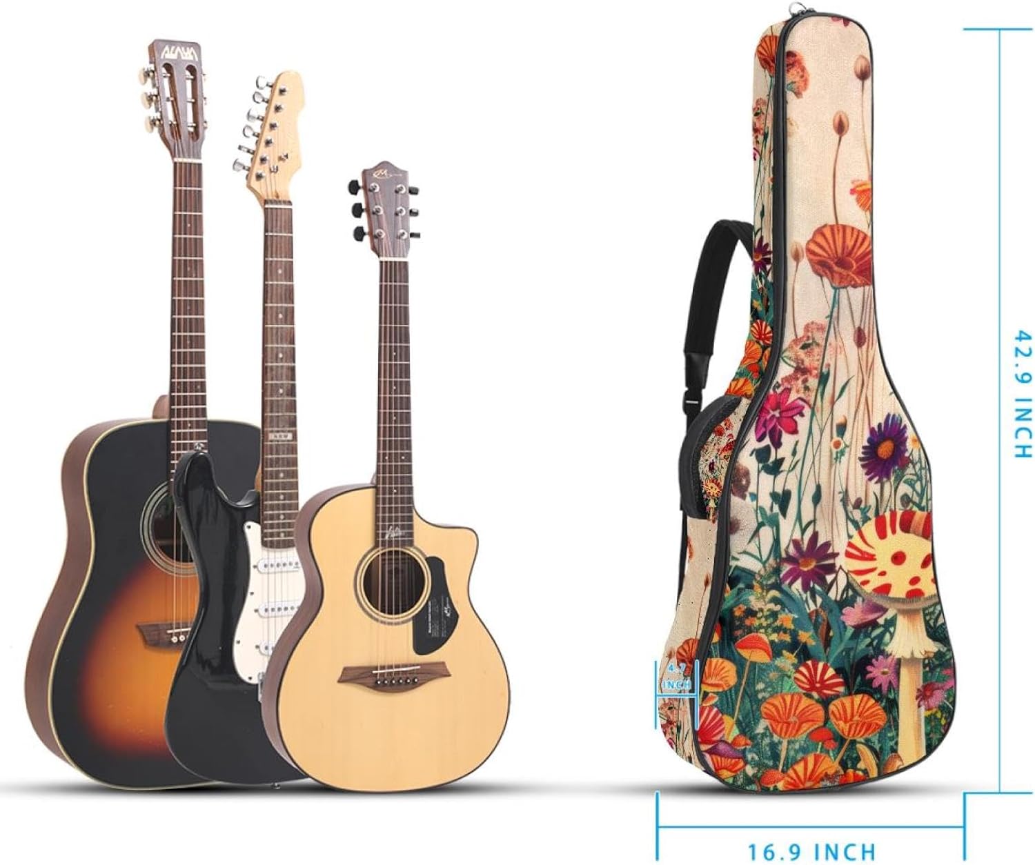 Acoustic Guitar Bag, 40 41 42 Inch Guitar Case Cover Soft Guitar Gig Bag for Acoustic Electric Bass Classical Guitar, Aesthetic Mushroom Vintage Colorful Flowers
