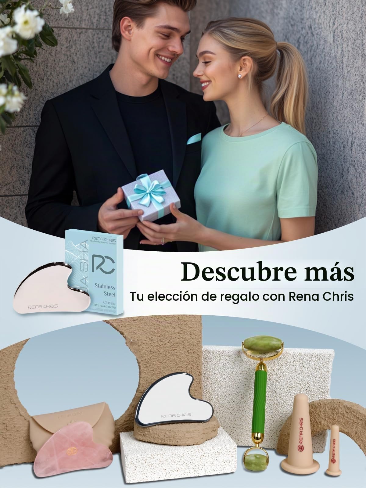 Rena Chris Gua Sha Facial Masajeador,Piedra GuaSha de Acero Inoxidable para Esculpir la Línea de la Mandíbula, Eliminar las Bolsas de los Ojos, Regalos para el Cuidado de la Piel(Plata)