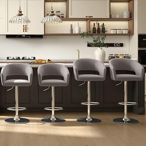 Miniatura 5 de Juego de 2 modernas sillas de bar de cocina con base plateada, taburetes de bar giratorios ajustables con respaldo y reposapiés, taburetes de