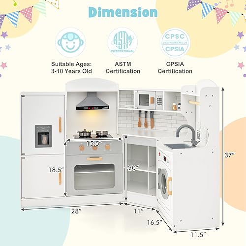Miniatura 8 de KOTEK Cocina de juego de esquina, cocina de juguete de madera para niños con sonido y luz, campana extractora, máquina de hielo, lavadora,