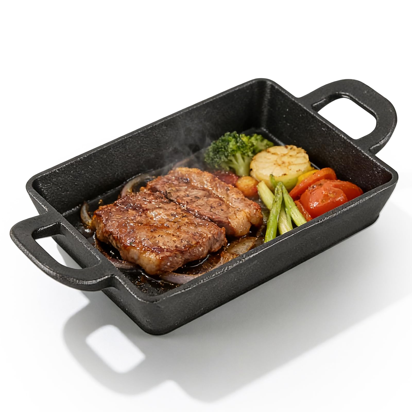 Poêle à griller en fonte durable rectangulaire à deux poignées pour cuisson haute température