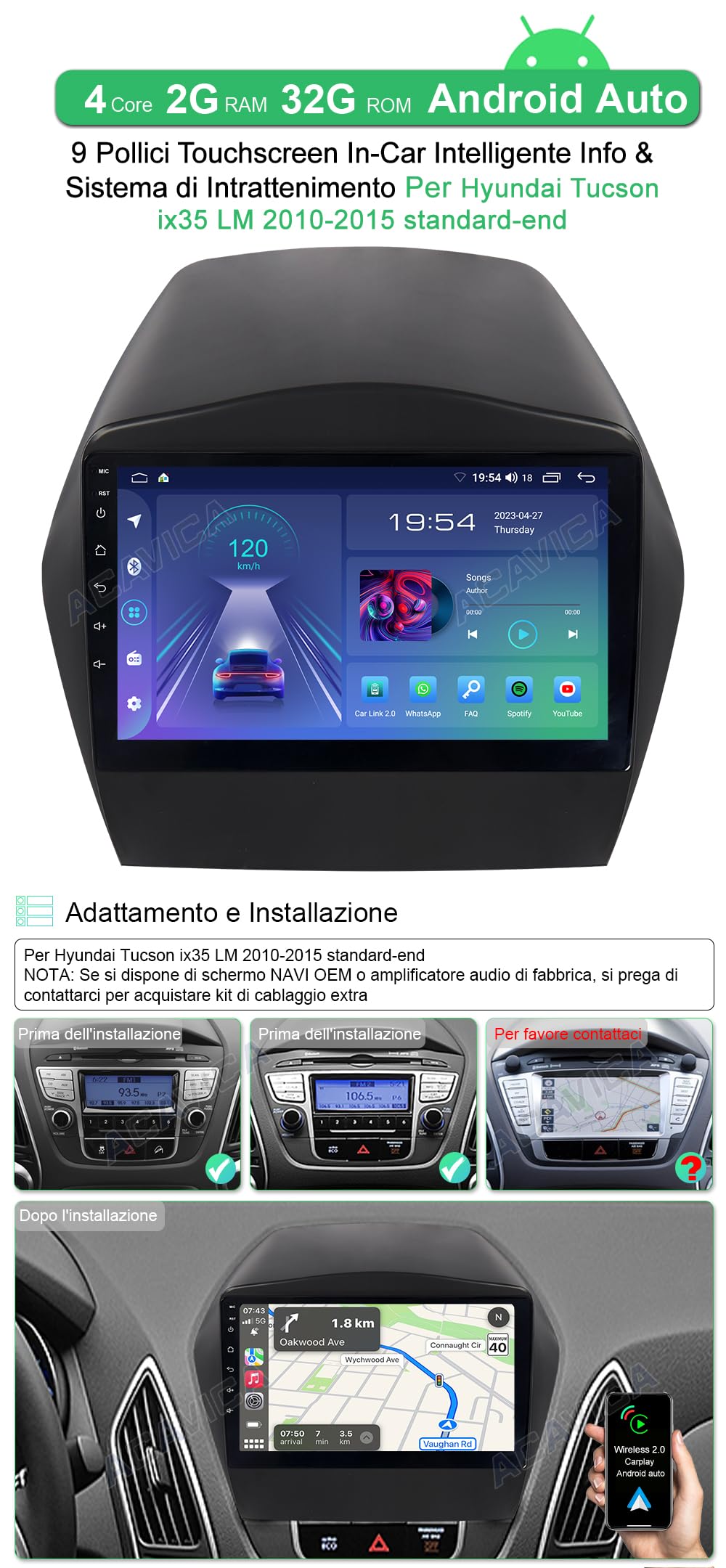 ACAVICA Android 12 Autoradio Für Hyundai Tucson Ix35 - 9 Zoll Mit Wireless CarPlay & Navigation
