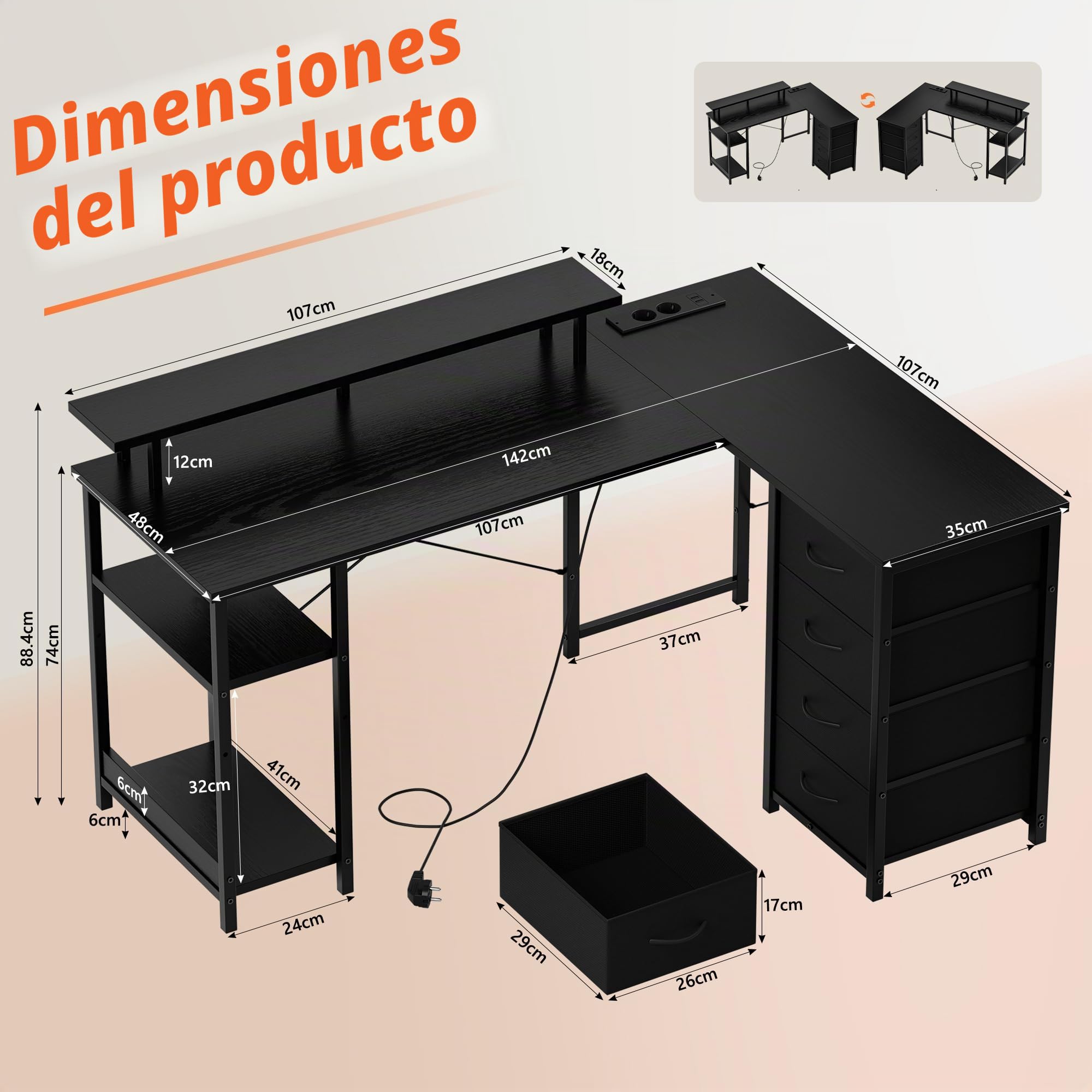 YOUDENOVA Escritorio con 4 Cajones, 142x107cm, Escritorio Esquinero Reversible con LED y Enchufe, Escritorio Gaming en L con Soporte para Monitor, Mesa Escritorio para Home Office y Gamer, Negro