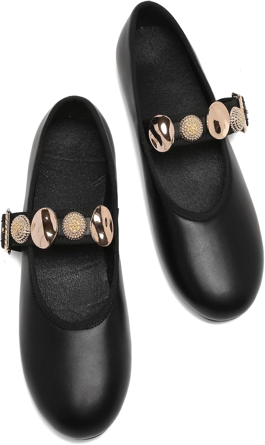 Ballet Flats for Women Round Toe Mary Jane Flats with Gold Adornments Elastic Strap Casual Dress Ballerina Shoes