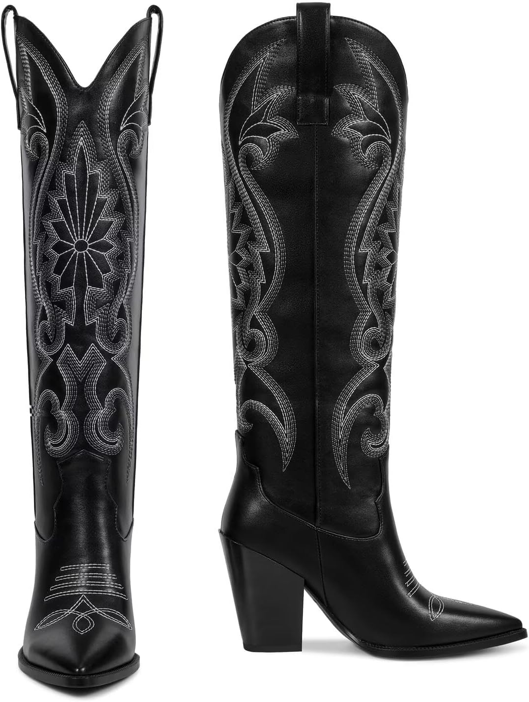 ISNOM Womens Cowboy Knee High Boots Cowgirl Boots Western Boots with Embroidered Pointed Toe Chunky Heel Slip on Retro Tall Boots - Image 5