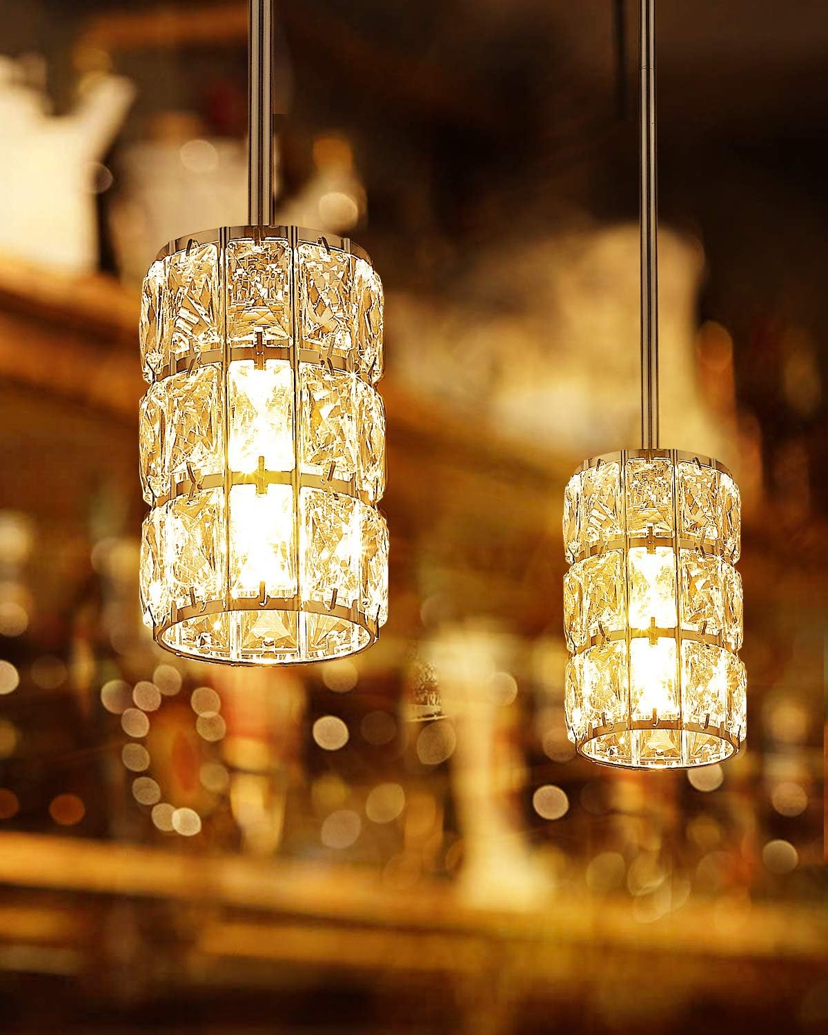 CALDION Mini Crystal Pendant Light Kitchen Island, 1-Light Moden Pendant Light Fixtures, Adjustable Rods Pendant Lighting for Dining Room Bedroom Bar Cofe Bedroom Chrome Finish, 6869PL-CH