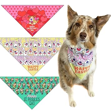Valentines Day, St Patricks Day & Easter Dog Bandana Med to Large Dogs - Set of 3