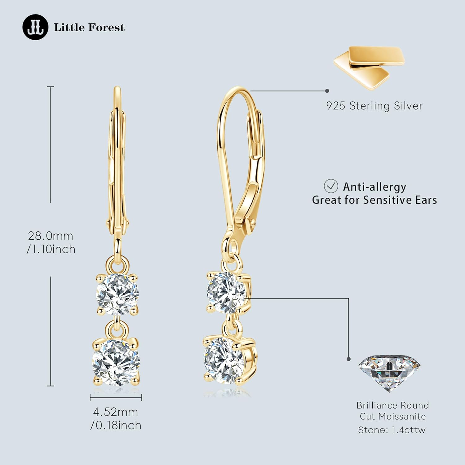 Moissanite Earrings for Women, Sterling Silver Dangle Earrings D Color Brilliant Round Cut Earring Moissanite Leverback Drop Earrings - Image 5