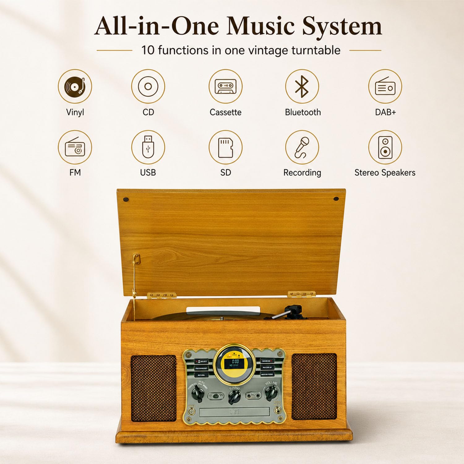 Giradischi 9-in-1 Vinile Turntable con Bluetooth,FM/DAB Costruito Dentro Altoparlanti Stereo, Costruito dentro Altoparlanti Stereo,CD, MP3,CASSETTE,USB