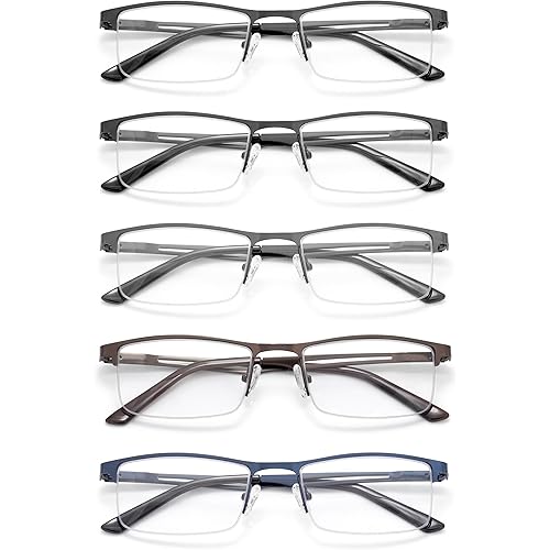 Blue Light Reading Glasses for Men, Metal Half Frame Readers Spring Hinge Clear Lens Eyeglasses with Pouches
