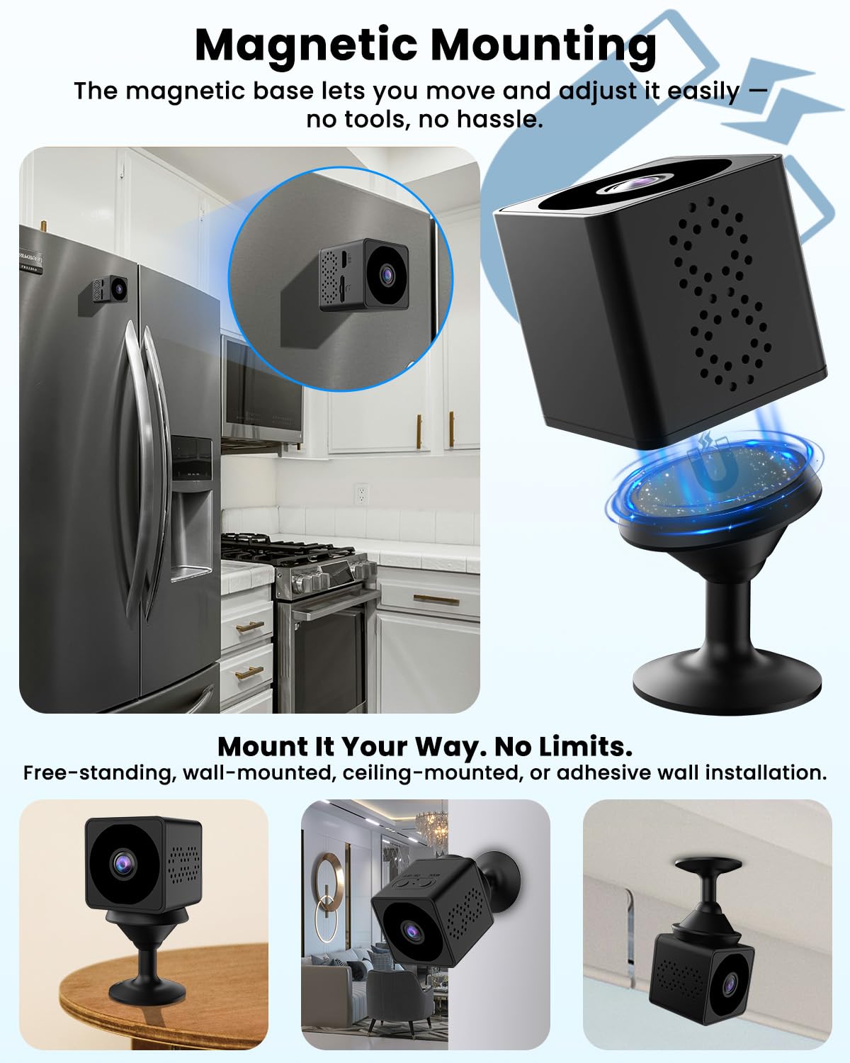 Mini Camera Espion sans Fil, Wi-Fi ou Mode sans WiFi, Camera de Surveillance sans Internet, Vision Grand 160°, Vision Nocturne, Détection Mouvement IA, Mini Surveillance pour Intérieur/Extérieur