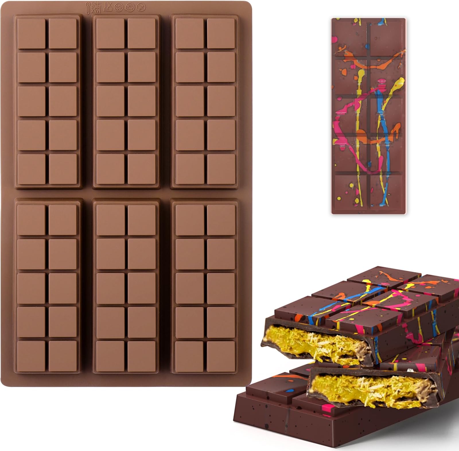 BABORUI 6 Cavities Chocolate Bar Mold Deep with 100Pcs Bags, Thick Chocolate Bar Mold for Stuffed Bar, Silicone Chocolate Mold for Filling Knafeh Pistachio Chocolate Bar(10 Snap), H-455-2