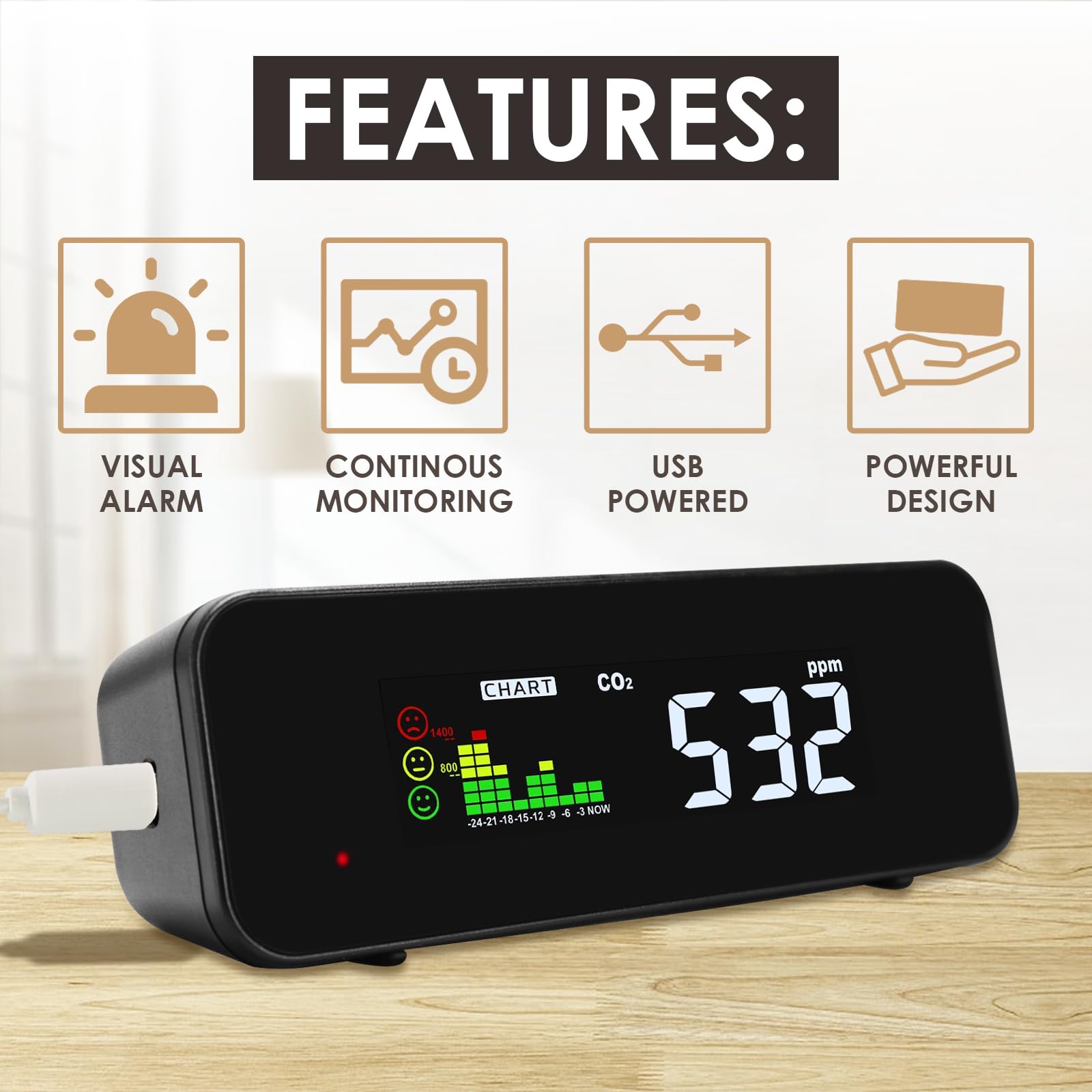 Moniteur de qualité de l'air NDIR CO2/température avancé à double faisceau avec écran LED 3 couleurs – Capteur précis pour une évaluation complète de la qualité de l'air
