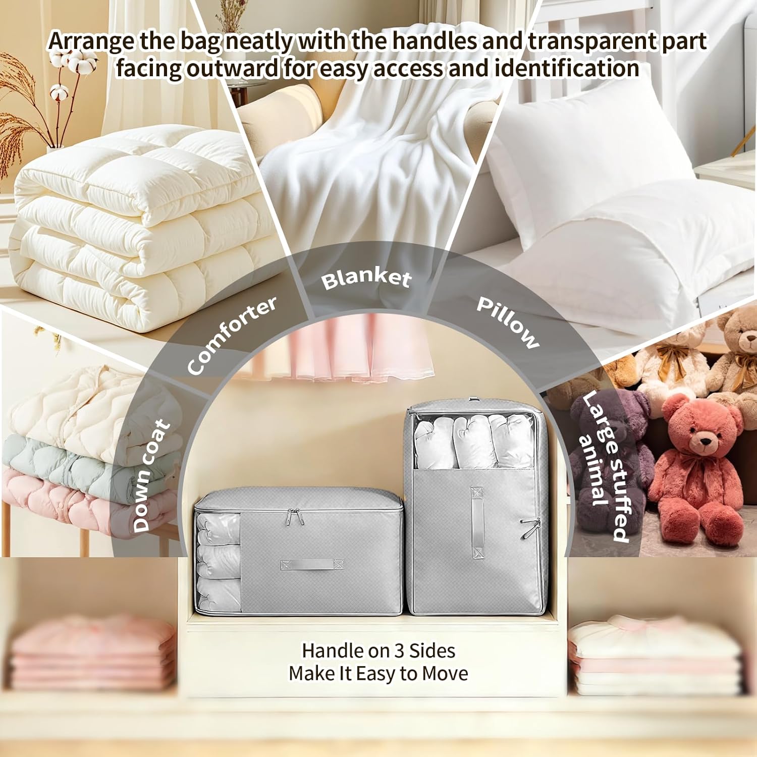 4 Pack Upgrade Comforter Storage Bag with Handle, Space Saving 3-Layer Adjustable In 3 Sizes (142L, 107L, 71L), Compression Blanket Storage Bags, Washable Bedding Organizer For Pillow Duvet Clothing