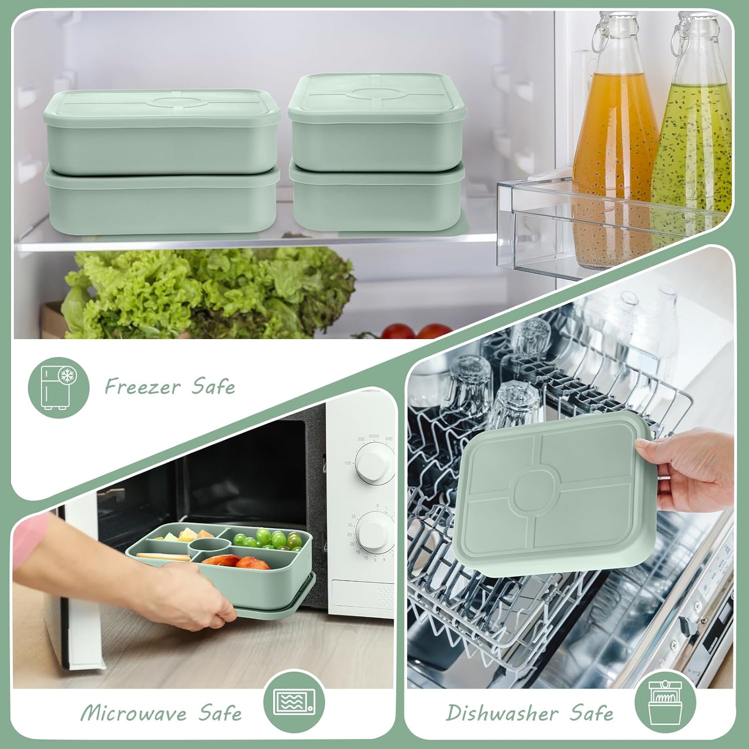 4 Pack Silicone Bento Boxes for Adults, 5 Compartment Reusable Lunch Containers with Sauce Section, Leakproof Meal Prep Snack Box Microwave & Dishwasher Safe for Office(Green)