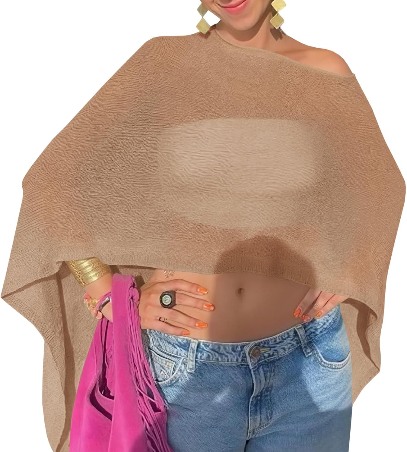 Fisoew Womens Sheer Poncho Top Lightweight Knit Bolero Shrug Mesh Off The Shoulder Y2K Going Out Beach Swimsuit Coverup