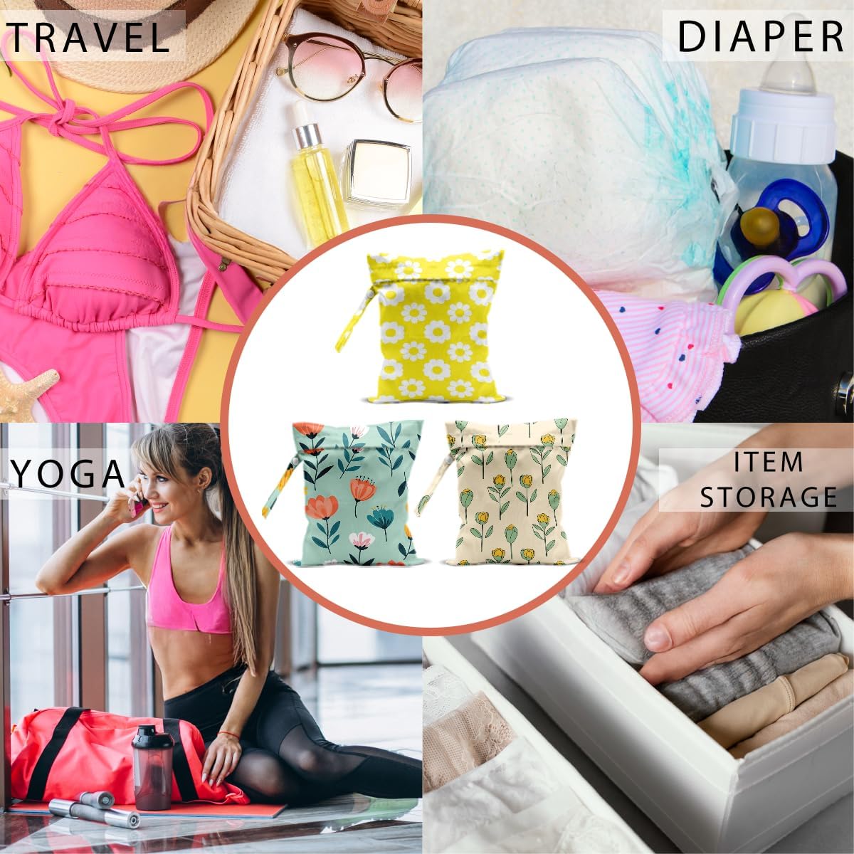 Floral Print Wet Dry Bag, Reusable Washable Waterproof Wet Bag for Swimsuit Diaper Dirty Clothes, Set of 3, Portable Storage Pouch for Travel Beach Pool Yoga Gym Camping, Colorful Daisy Tulip Pattern