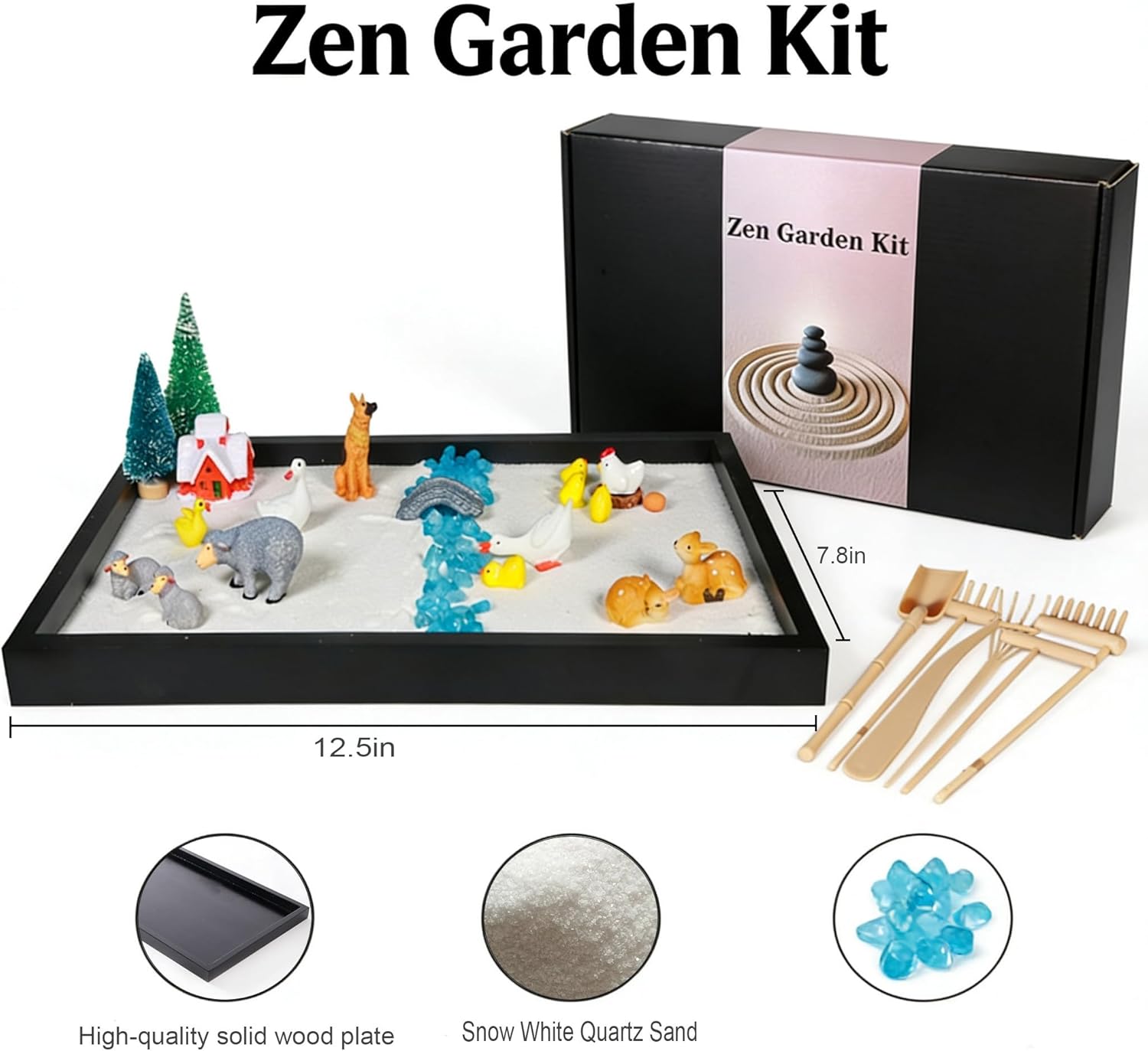Decorative 47pcs 2-in-1 Penguin & Farm Animals Zen Sand Garden Kit, Mindfulness Relaxation Tabletop Therapy Set for Adults with Miniature Animals, Stress Relief Sandbox for Home Office Meditation
