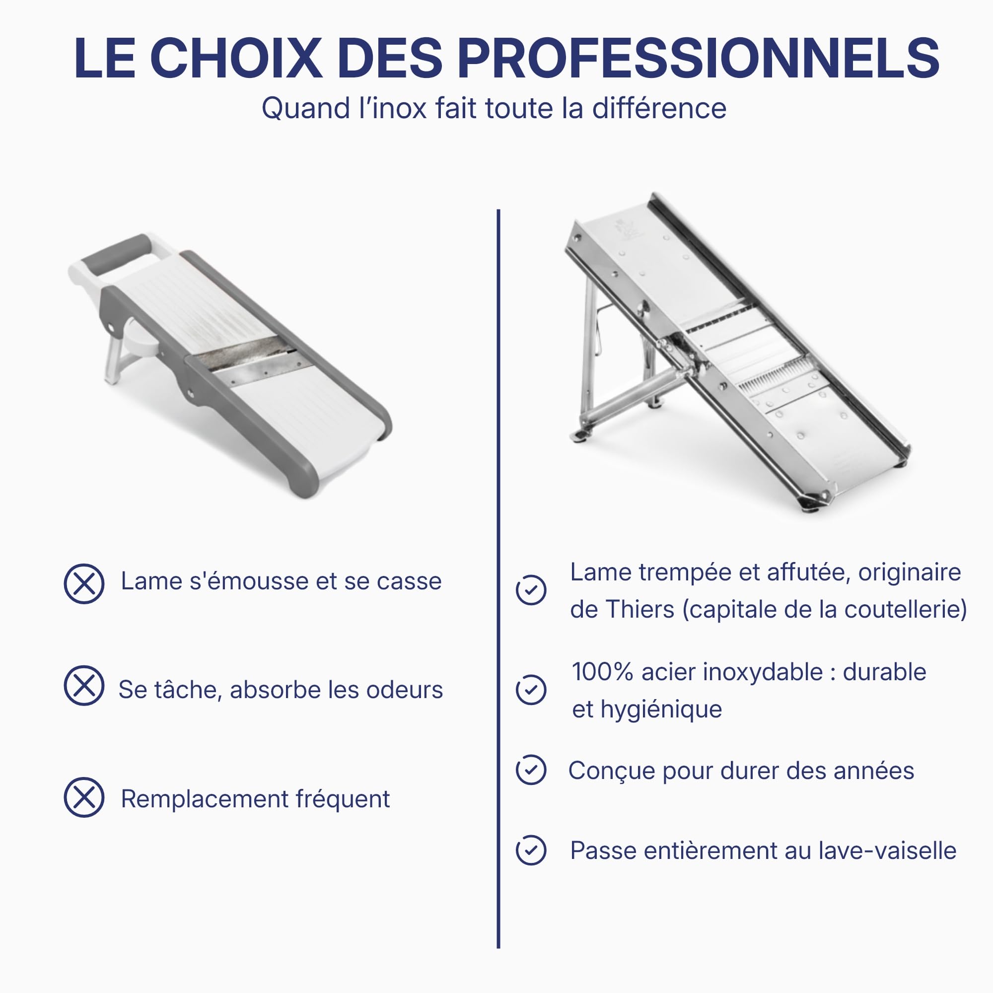 Louis Tellier – Mandoline Inox Professionnelle avec Chariot – Fabriqué en France – 2 Peignes 3 et 10 mm pour Frites et Julienne – Lame Lisse et Gaufrée Réglable