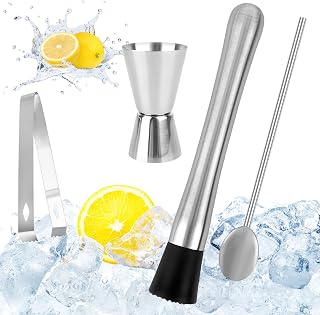 XCRPRT Mortero de cóctel de acero inoxidable con cuchara de cóctel, juego de barman, trituradora de mojito, trituradora de hielo, apisonadora, mortero de cóctel, coctel, coctelera con vaso medidor