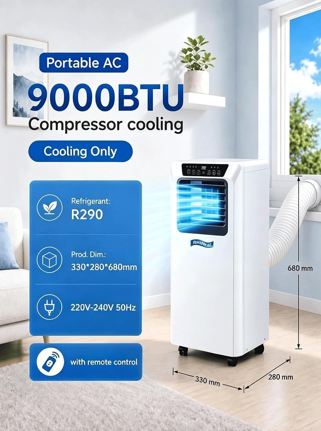Condizionatore Portatile 9000 BTU con Telecomando Timer 24h 3-in-1 Raffrescatore Ventilatore Deumidificatore per Casa Ufficio Camera Fino a 24 m² 148 Characters, 9000btu, 9000BTU