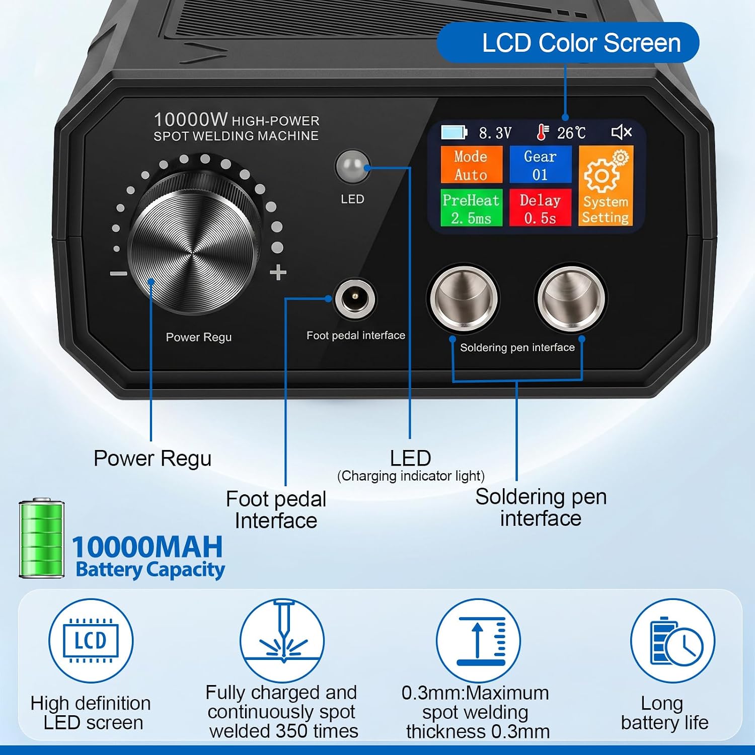 10000W battery spot welder | Rotating knob operation, 99 adjustable gears,0.1-0.3mm Dual Pulse Output Battery Spot Welder,assemble battery pack