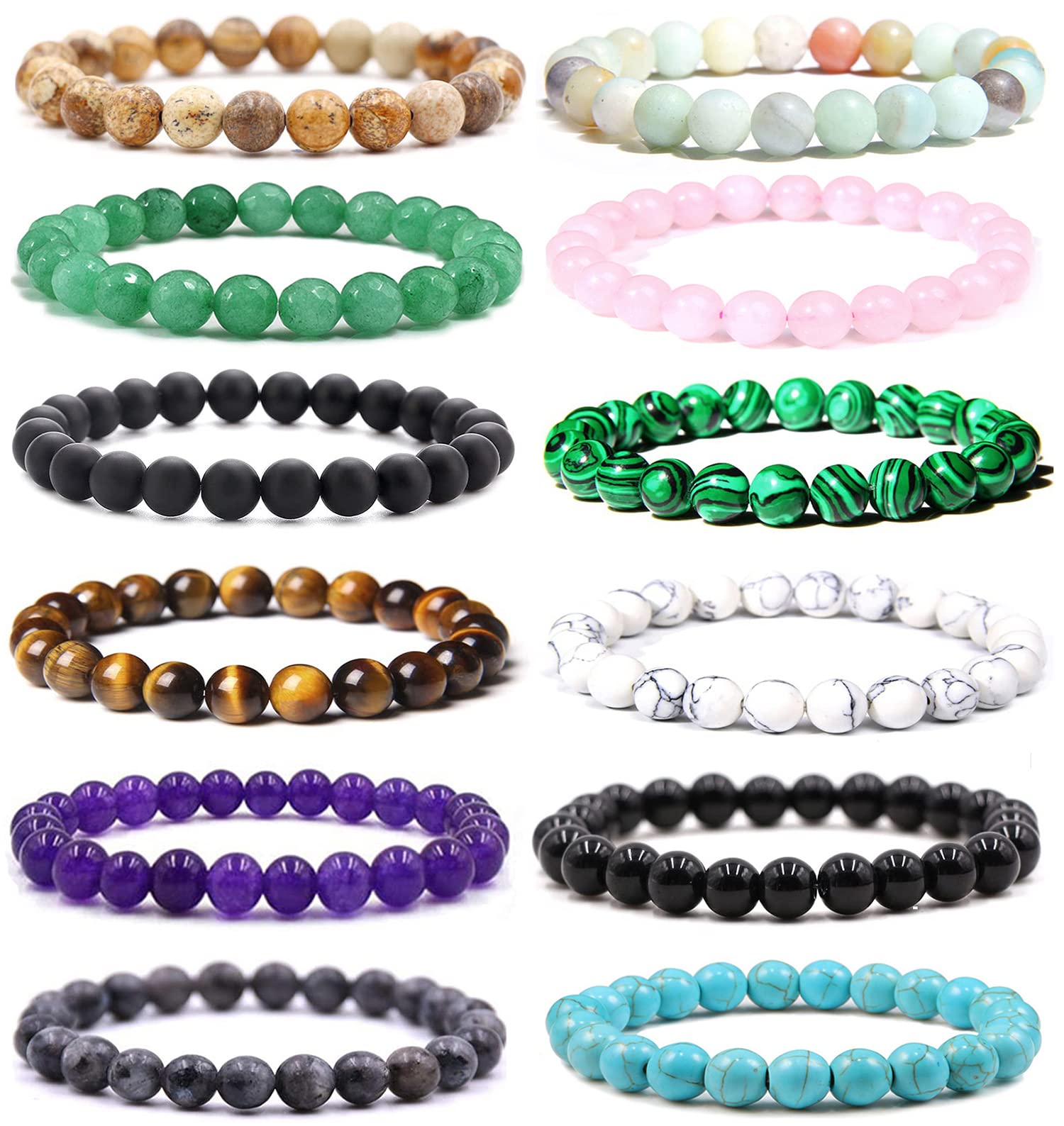 Jewdreamer12Pcs 8mm Semi-Precious Gemstone Bracelet Healing Crystal Stone Beaded Bracelets for Women Men Unisex Adjustable Bead Stretch Bracelets Set